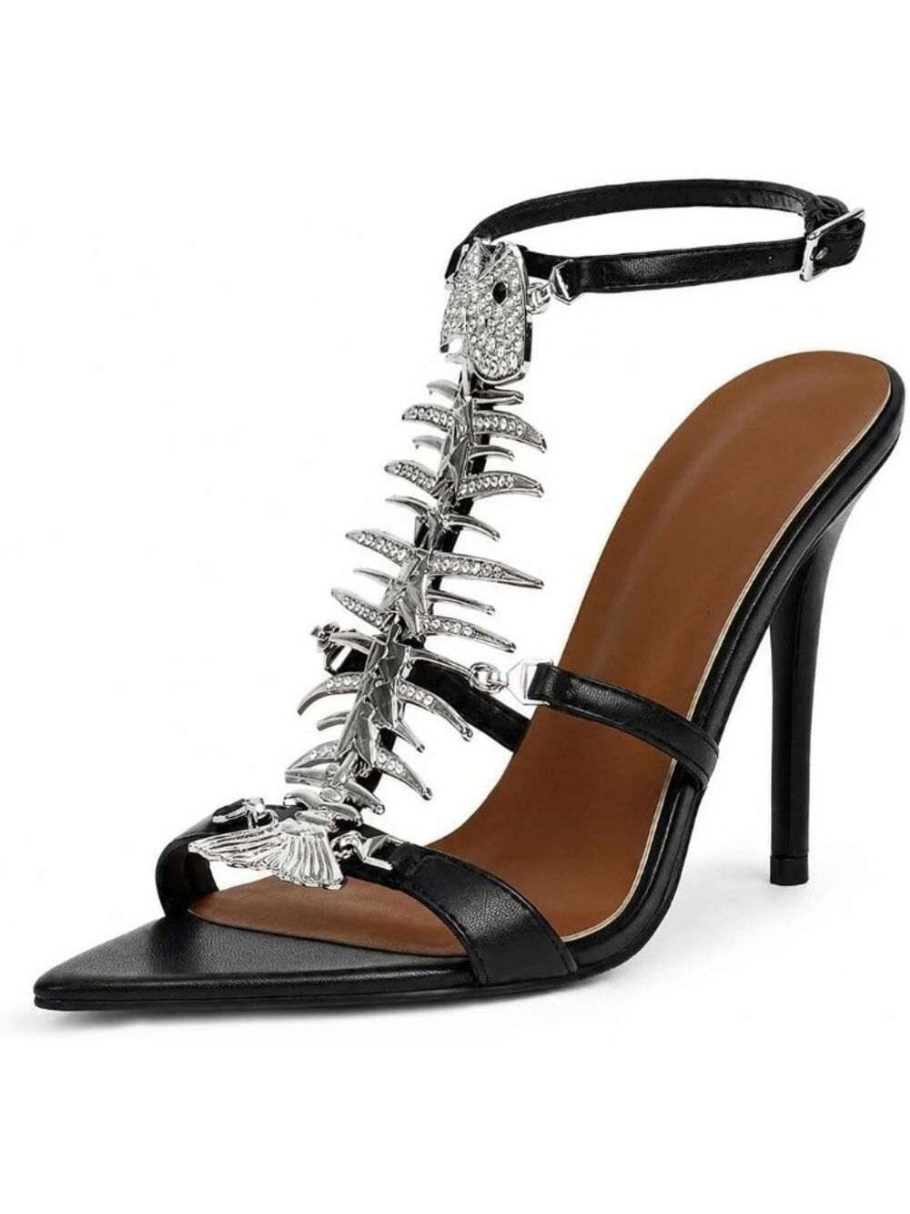 Women's Black 4" Stiletto High Heeled Sandals Fishbone Rhinestone Point Open Toe